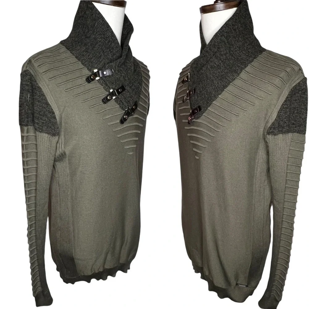 LCR Black Edition Olive Green Shawl Collar Hardware Detail Sweater Size XL NWT